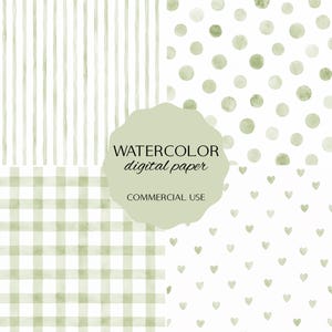 May include: A digital paper set with four watercolour patterns in green and white. The patterns include vertical stripes, polka dots, a gingham check, and small hearts. The text "WATERCOLOR digital paper COMMERCIAL USE" is also included.
