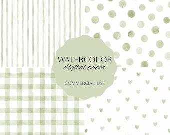 Carta digitale ad acquerello, pacchetto di carta verde salvia, pacchetto di sfondi JPG 12x12, carta per scrapbooking per baby shower