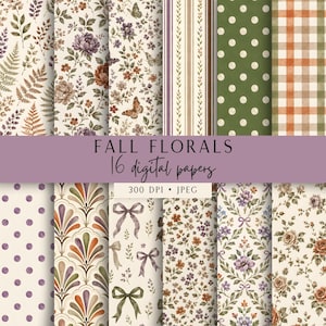 May include: A collection of 16 digital papers featuring autumn floral patterns, polka dots, stripes, plaid, and bows in shades of green, orange, purple, and cream. The text reads FALL FLORALS 16 digital papers 300 DPI JPEG on a purple banner.