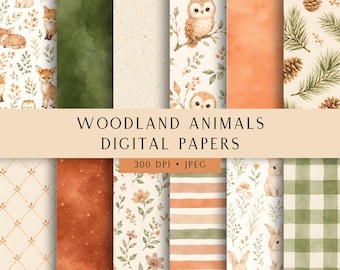 Woodland Nursery Animals Digital Papers 12x12 | Digital Paper Pack Scrapbooking Printable Pages Forest Animals