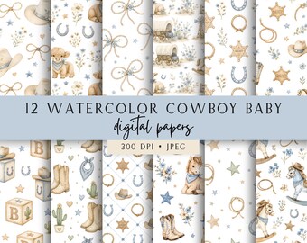 Pacchetto di carte digitali per baby shower a tema cowboy, carta per scrapbooking a tema western per neonato, carta digitale per cameretta a tema selvaggio West