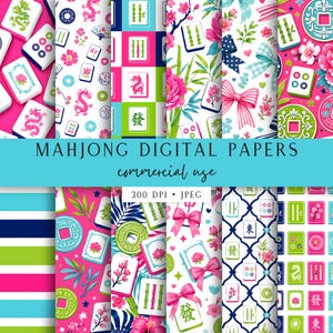 May include: A collection of digital papers featuring Mahjong tiles, pink flowers, green bamboo stalks, bows, and geometric patterns in vibrant shades of pink, green, blue, and white. The text reads MAHJONG DIGITAL PAPERS commercial use 300 DPI JPEG.
