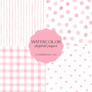 May include: A digital paper set featuring four watercolor patterns in shades of pink and white. The patterns include vertical stripes, polka dots, hearts, and a gingham check. The image includes the text "WATERCOLOR digital paper COMMERCIAL USE".