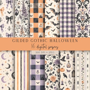 Puede incluir: Una colección de 16 papeles digitales con patrones GILDED GOTHIC HALLOWEEN que incluyen lazos, arreglos florales, cuadros, murciélagos, lunas, estrellas, calaveras, rayas, calabazas, sombreros de bruja, botellas de pociones y velas en naranja, morado y negro.