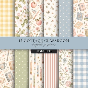 Paquete de papeles digitales, manzanas estilo cottagecore, cuadros vichy y flores, regreso a clases.