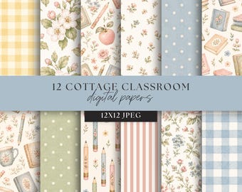 Pacchetto di carta digitale Cottagecore per il ritorno a scuola, carta per scrapbooking 12x12, junk journal stampabile, download digitale