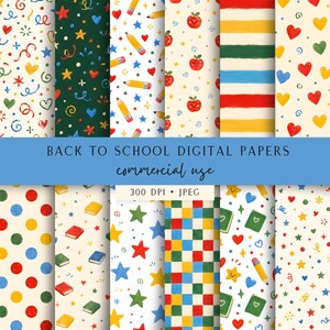 Puede incluir: Una colección de doce patrones de papel digital con ilustraciones de temática escolar que incluyen lápices amarillos, manzanas rojas, libros coloridos, estrellas, corazones, lunares, rayas y cuadrados a cuadros sobre fondos blancos y verdes.