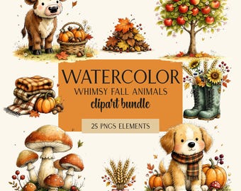Pacchetto di clipart di animali del bosco autunnali, 30 PNG, download immediato, clipart di animali della foresta in stile fantasy, clipart digitali autunnali
