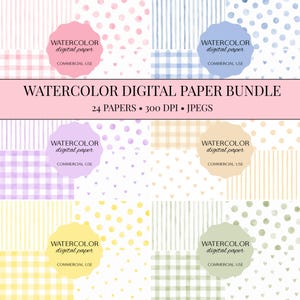 Puede incluir: Un paquete de papel digital con 24 patrones de acuarela en varios colores pastel. La colección incluye rayas, lunares, cuadros vichy y motivos de corazones en rosa, azul, morado, naranja, amarillo y verde. El texto dice WATERCOLOR DIGITAL PAPER BUNDLE, 24 PAPERS, 300 DPI, JPEGS.