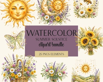 Pacchetto di clipart per il solstizio d'estate in formato PNG ad acquerello