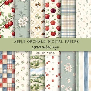 May include: A collection of digital papers featuring patterns of red apples, green leaves, white blossoms, acorns, plaid, and orchard landscapes. The text reads APPLE ORCHARD DIGITAL PAPERS, commercial use, 300 DPI, JPEG. The designs use soft watercolor tones.