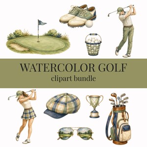 Op de afbeelding: Een aquarel golf clipart bundel met een putting green met vlag, golfschoenen, een golfbal, een golfer die een club zwaait, een mand met golfballen, een golfer in een rok, een geruite pet, een trofee, een zonnebril en een golftas met clubs.