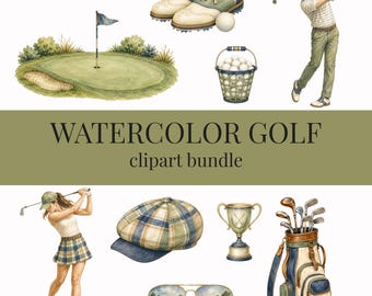 Pacchetto di clipart PNG di golf ad acquerello, 40 clipart trasparenti, papà golf, festa del papà, download digitale