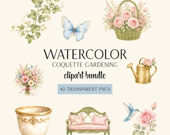Pacchetto di clipart di giardino ad acquerello, coquette floreale PNG trasparente per uso commerciale, cottage pastello