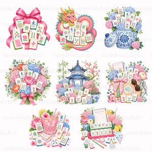 Op de afbeelding: Een verzameling van acht digitale illustraties met Mahjong-tegels gecombineerd met diverse elementen, waaronder roze linten, een roze draak, blauw-witte porseleinen vazen, bloemenboeketten, een pagode, een gevlochten mand en een cocktailglas.