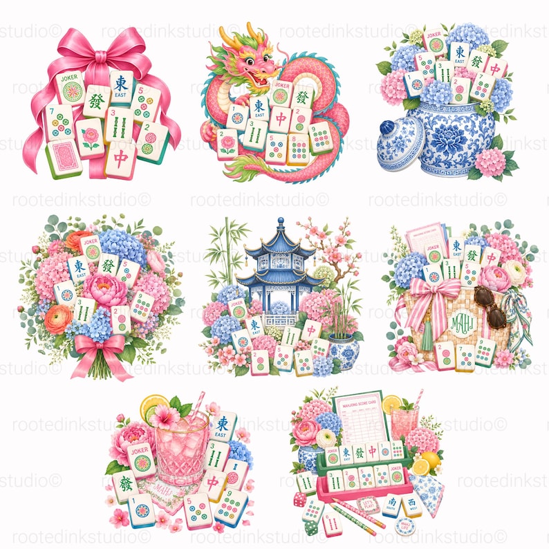 Op de afbeelding: Een verzameling van acht digitale illustraties met Mahjong-tegels gecombineerd met diverse elementen, waaronder roze linten, een roze draak, blauw-witte porseleinen vazen, bloemenboeketten, een pagode, een gevlochten mand en een cocktailglas.