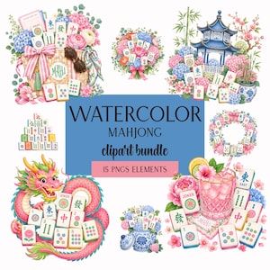Op de afbeelding: Een digitale collectie van aquarelillustraties van Mahjong-tegels met bloemstukken, een blauwe pagode, een roze draak, een cocktailglas en een krans. De centrale tekst luidt WATERCOLOR MAHJONG clipart bundle 15 PNGS ELEMENTS.