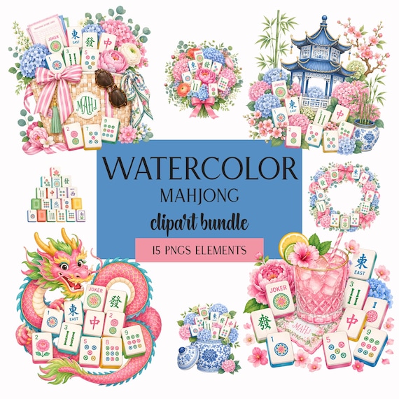 Mahjong Clipart PNG Bundle, Watercolor American Mahjong Clip Art, Preppy Mahjong Graphics, Mahjong Party PNG, Commercial Use