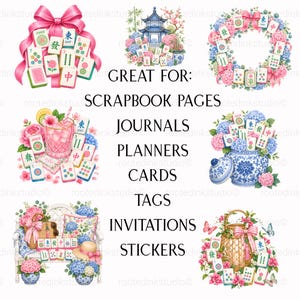 Op de afbeelding: Een verzameling digitale illustraties met Mahjong-tegels, roze strikken, bloemenkransen, een pagode, een cocktailglas, blauw-wit porselein en tuinmeubilair, met de tekst GREAT FOR: SCRAPBOOK PAGES JOURNALS PLANNERS CARDS TAGS INVITATIONS STICKERS.