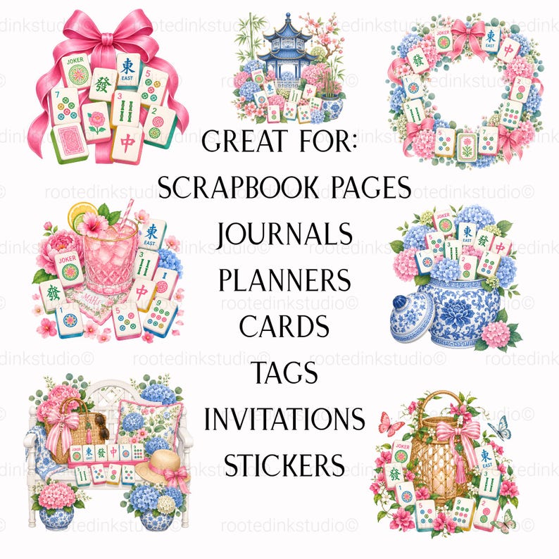 Op de afbeelding: Een verzameling digitale illustraties met Mahjong-tegels, roze strikken, bloemenkransen, een pagode, een cocktailglas, blauw-wit porselein en tuinmeubilair, met de tekst GREAT FOR: SCRAPBOOK PAGES JOURNALS PLANNERS CARDS TAGS INVITATIONS STICKERS.