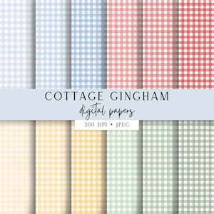 May include: A collection of digital papers featuring a gingham check pattern in light blue, red, yellow, and sage green. A central banner displays the text COTTAGE GINGHAM digital papers 300 DPI JPEG against a light blue background.