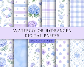 Pacchetto di carte digitali con ortensie ad acquerello, carta per scrapbooking floreale blu e lavanda, sfondi JPEG 12x12