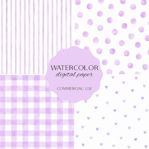 Puede incluir: Una colección de cuatro diseños de papel digital de acuarela en tonos lavanda y blanco. Los patrones incluyen rayas verticales, lunares, cuadros vichy y corazones. El texto "WATERCOLOR digital paper COMMERCIAL USE" se muestra en una forma lavanda.