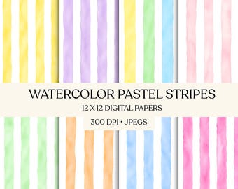 Watercolor Digital Paper Bundle, Pastel Striped, Polka Dot, Gingham, Hearts, Invitations, Junk Journals, Baby Shower, Planner Stickers
