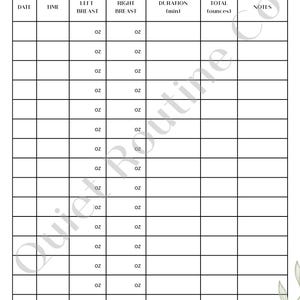 May include: A white Pumping Log chart with headings for Date, Time, Left Breast, Right Breast, Duration (min), Total (ounces), and Notes. The text "Quiet Routine" is at the bottom, with floral accents.