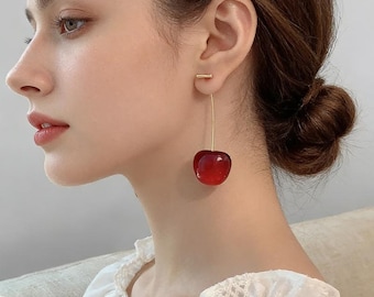 Orecchini pendenti a forma di ciliegia rossa, gioielli con frutta in resina, stile bohémien, lega di rame