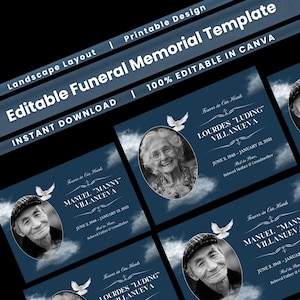 Può includere: Un modello commemorativo blu scuro con il testo "Modello commemorativo funebre modificabile" e "Download istantaneo". Il modello include foto, nomi e date. Il design presenta una colomba e uno sfondo di nuvole.