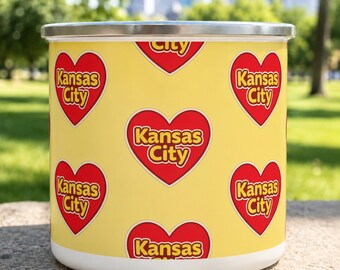Retro Kansas City Heart Pattern Enamel Tailgate Mug | Yellow Red Heart City Design