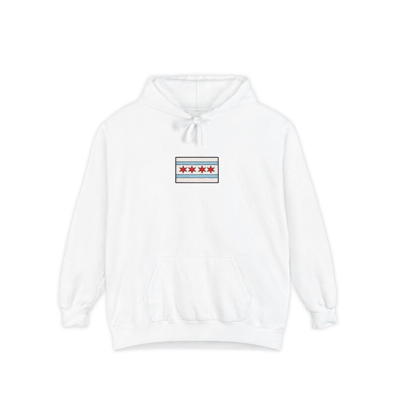 Comfort Colors Chicago Flag Patch Hoodie | White Hoodie with Chicago Stars Design image 8