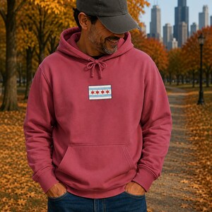 Comfort Colors Chicago Flag Patch Hoodie | White Hoodie with Chicago Stars Design image 4