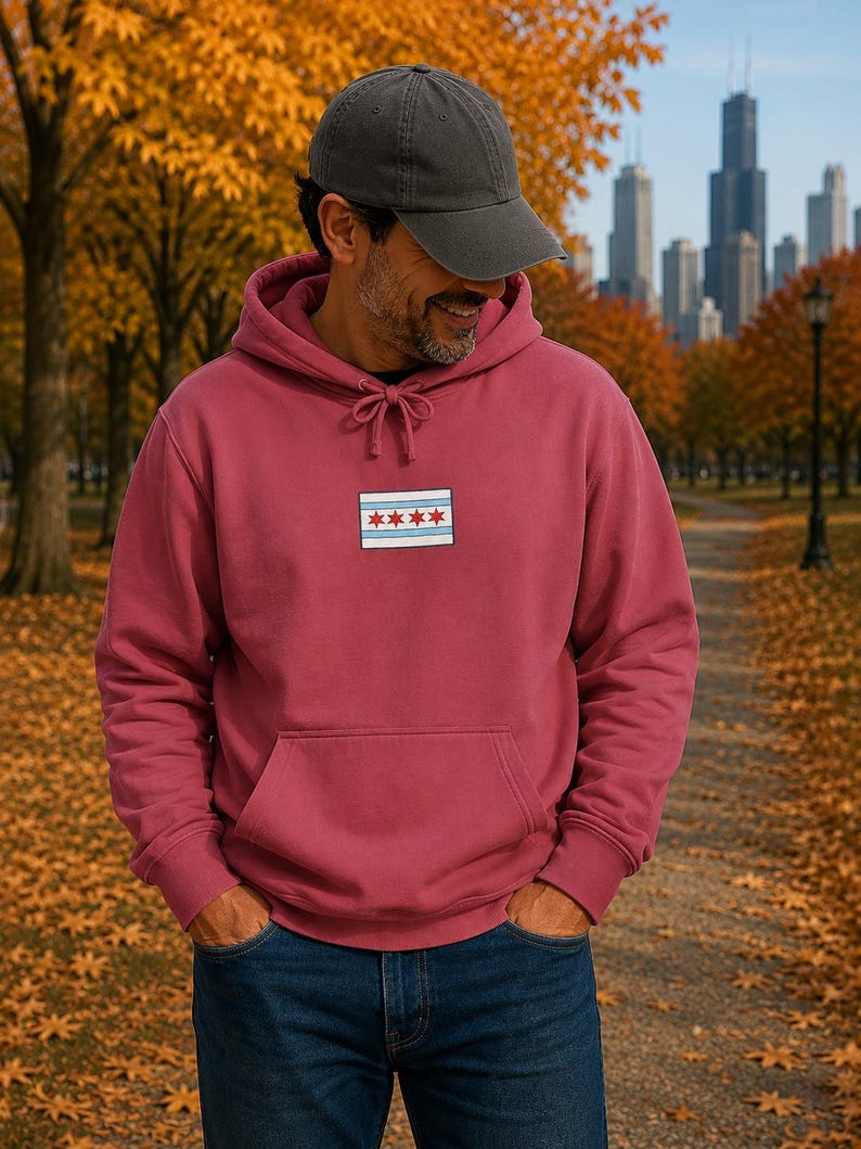 Comfort Colors Chicago Flag Patch Hoodie | White Hoodie with Chicago Stars Design image 4