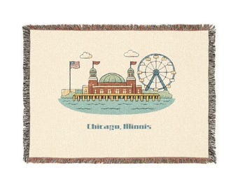 Navy Pier Chicago skyline Woven Blanket | Ferris Wheel Lakefront souvenir