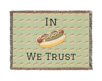 In Chicago Dog We Trust Hot Dog Woven Blanket | Quirky Retro Food Pattern