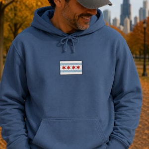 Comfort Colors Chicago Flag Patch Hoodie | White Hoodie with Chicago Stars Design image 2