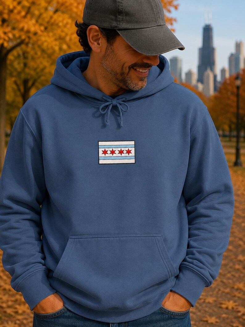 Comfort Colors Chicago Flag Patch Hoodie | White Hoodie with Chicago Stars Design image 2