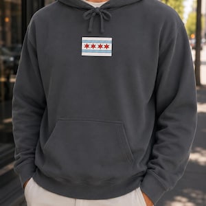 Comfort Colors Chicago Flag Patch Hoodie | White Hoodie with Chicago Stars Design image 1