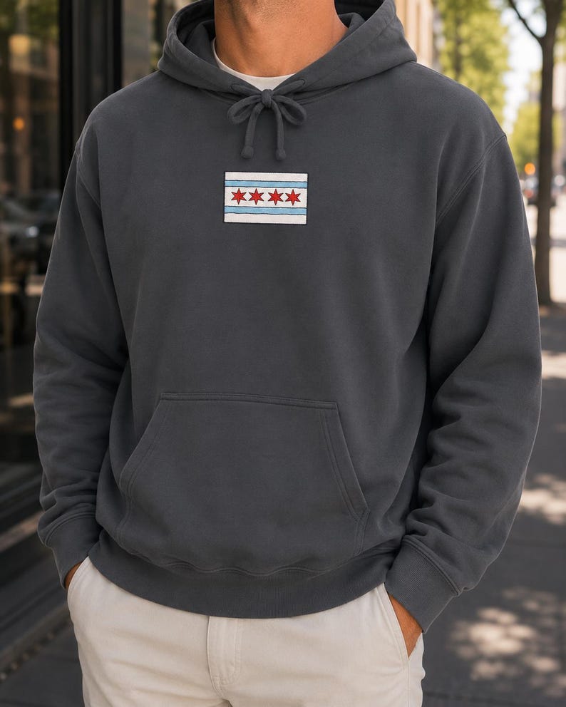 Comfort Colors Chicago Flag Patch Hoodie | White Hoodie with Chicago Stars Design image 1