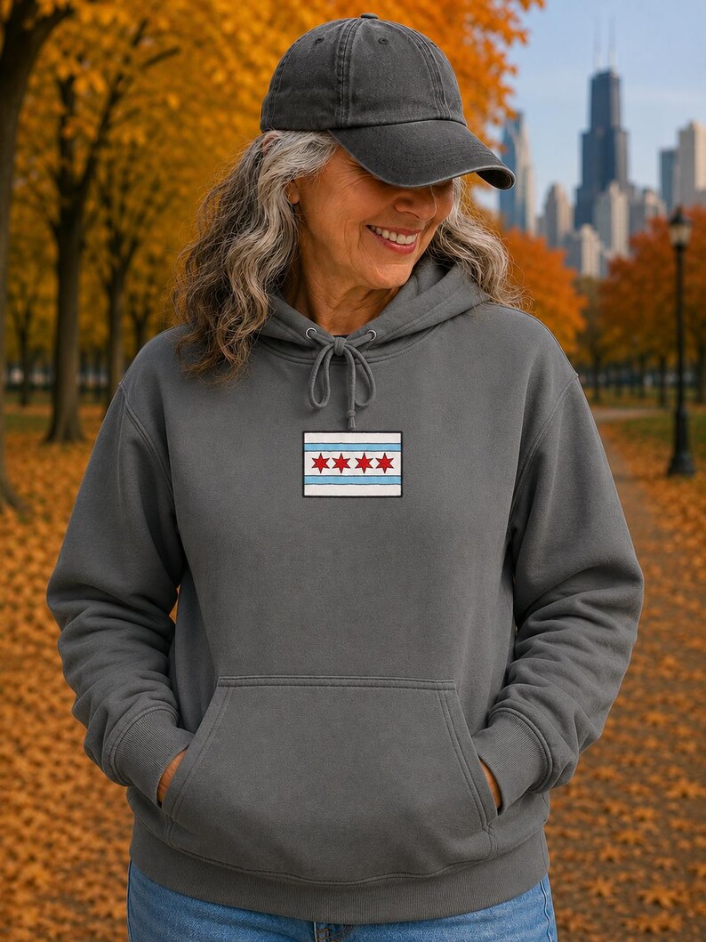 Comfort Colors Chicago Flag Patch Hoodie | White Hoodie with Chicago Stars Design image 6