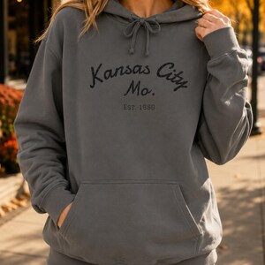 Comfort Colors Kansas City Mo. Skate Script Printed Hoodie | Est. 1850, City Pride Sweatshirt image 8