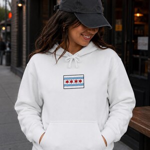 Comfort Colors Chicago Flag Patch Hoodie | White Hoodie with Chicago Stars Design image 3