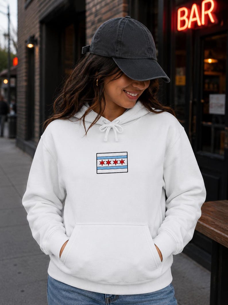 Comfort Colors Chicago Flag Patch Hoodie | White Hoodie with Chicago Stars Design image 3