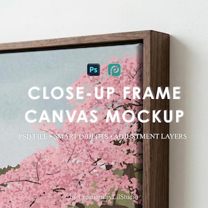 Närbild av träram i canvas-mockup PSD | Väggkonstmockup | Smart Object