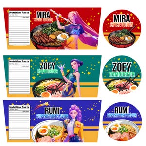 May include: A set of three colorful food-themed graphics. Each features a bowl of ramen with chopsticks, a character illustration, and text. The text includes "MIRA SPICE QUEEN", "ZOEY HAMBURGER", and "RUMI SUPERSTAR FLAVOR".