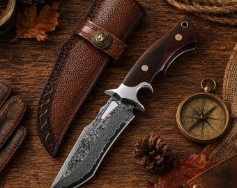 Damascus Knife Hand Forged Fixed Blade Hunting Knife with Wooden Handle, Camping Knife, Gift for Him, Groomsmen Anniversary Birthday Gift