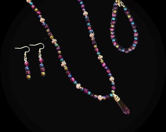 Joias de Cristal Iridescentes | Conjunto Fantasia com Colar, Pulseira e Brincos | Conjunto Roxo Celestial | Presente de Bruxa para Ela