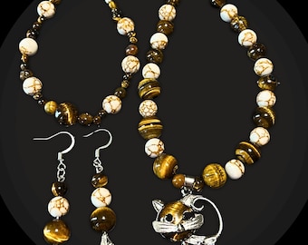 Tiger Eye Cat Jewelry Set | Handmade Necklace Bracelet Earrings | Fantasy Cat Pendant Set | Cottagecore Jewelry | Gift for Cat Lover